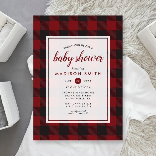 Invitation Lumberjack Plaid Red Black Rustique Baby shower