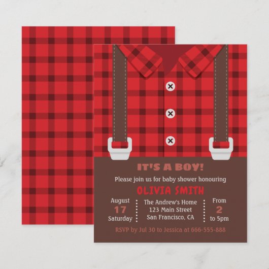 Invitation Lumberjack Rouge Buffalo Plaid Baby Boy Douche (Devant / Derrière)
