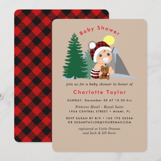 Invitation Lumberjack Rouge Noir Plaid Baby shower mou (Devant / Derrière)