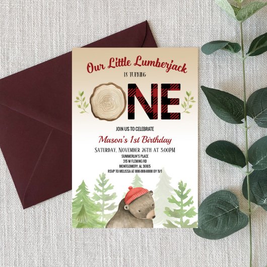 Invitation Lumberjack Woodland Forest Bear 1er anniversaire f