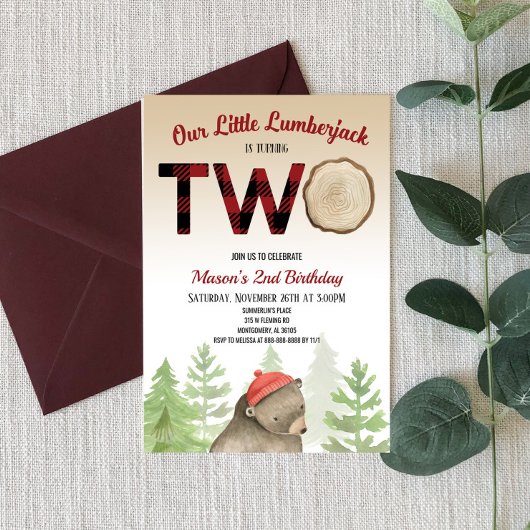 Invitation Lumberjack Woodland Forest Bear 2e fête d'annivers