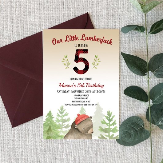 Invitation Lumberjack Woodland Forest Bear 5e fête d'annivers