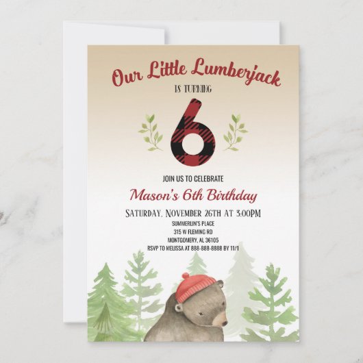 Invitation Lumberjack Woodland Forest Bear 6e fête d'annivers (Devant)