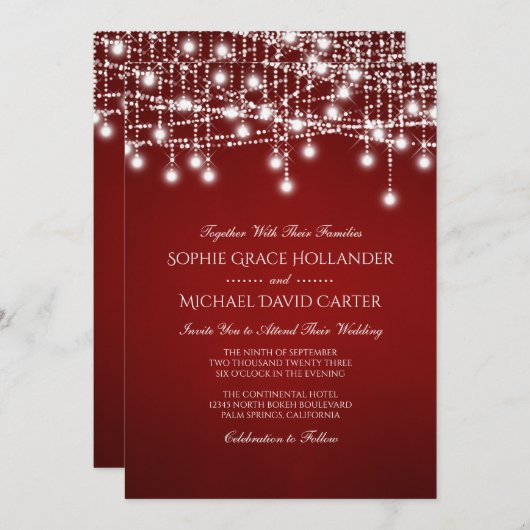 Invitation Lumière à corde blanche sur rouge (Devant / Derrière)