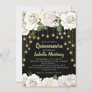 Invitation Lumière à cordes dorées avec roses blanches pour Q