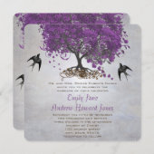 Invitation Lumière argentée Mariage de feuille de coeur pourp (Devant / Derrière)