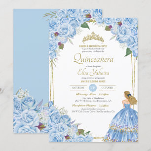 Invitation Lumière bleu Quinceanera Élégante robe Rose Floral