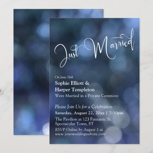 Invitation Lumière Bokeh Bleue & Typographie "Juste Mariés" (Devant / Derrière)
