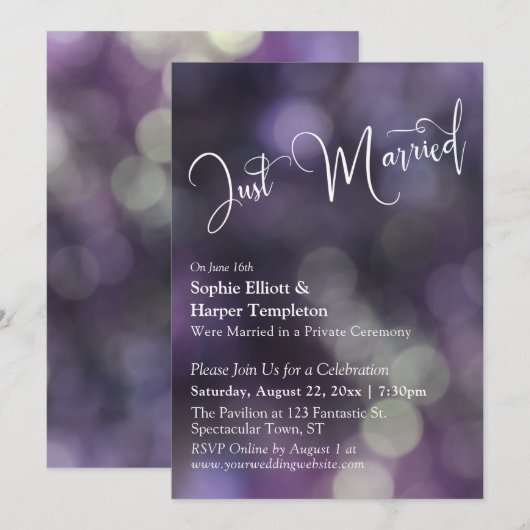 Invitation Lumière Bokeh Violette & Typographie "Juste Mariés (Devant / Derrière)