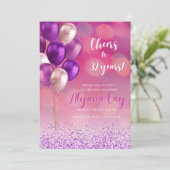 Invitation Lumière circulaire rose fuchsia avec ballons viole (Debout devant)