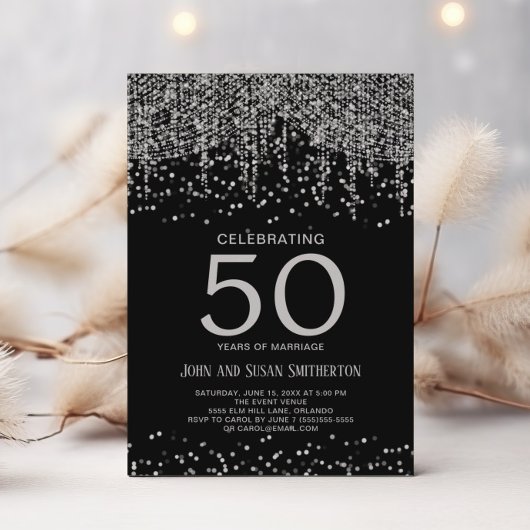 Invitation Lumière de chaîne argentée scintillante noire 50e