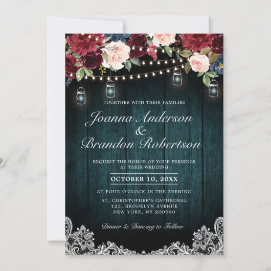 Invitation Lumière guirlande florale de Bourgogne Mariage Pot (Devant)