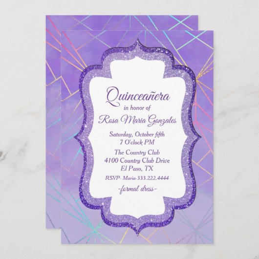 Invitation Lumière laser violet Quinceanera (Devant / Derrière)