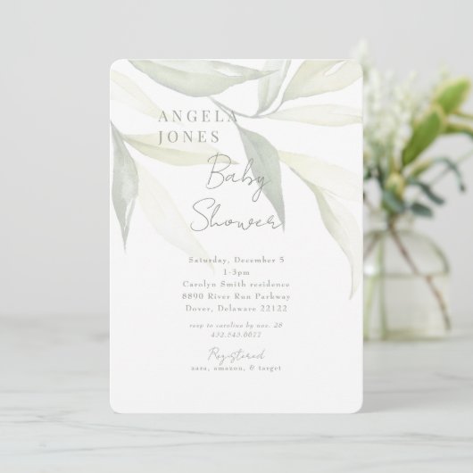 Invitation Lumière Sage Moderne Botanique Baby shower Moderne (Debout devant)