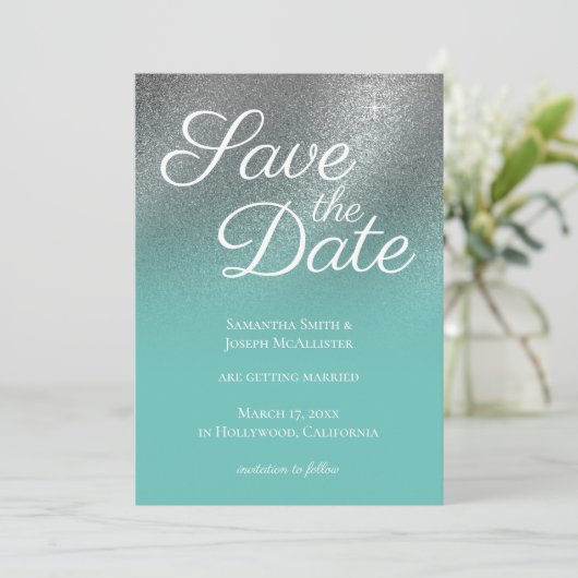 Invitation Lumière Turquoise Silver Fine Parties scintillant  (Debout devant)