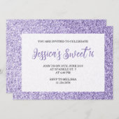 Invitation Lumière violet scintille Sweet 16 élégant script (Devant / Derrière)