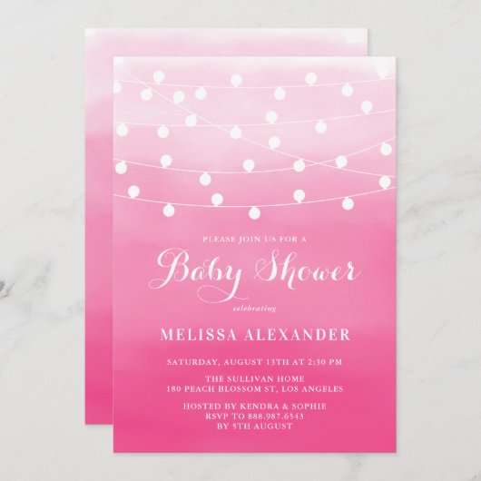 Invitation Lumières à chaîne blanche Baby shower Ombre rose (Devant / Derrière)