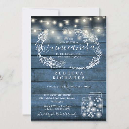 Invitation Lumières à cordes bleues Mason Jars Quinceañera 15 (Devant)