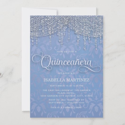 Invitation Lumières à cordes d'argent bleu Damask Quinceañera (Devant)