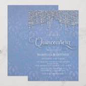 Invitation Lumières à cordes d'argent bleu Damask Quinceañera (Devant / Derrière)