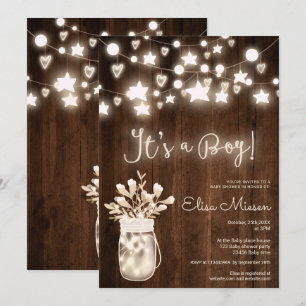 Invitation Lumières à cordes de bois rustique baby shower gar