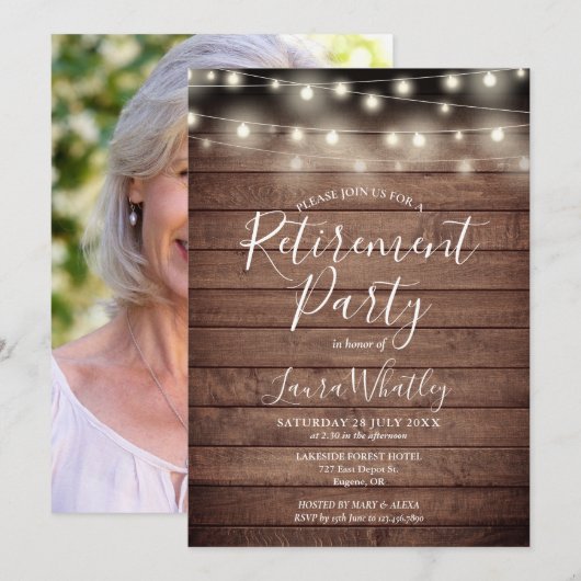 Invitation Lumières à cordes de bois rustique Photo Retiremen (Devant / Derrière)