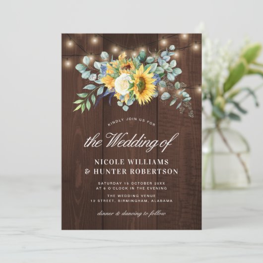 Invitation Lumières à cordes de tournesol rustique mariage (Debout devant)