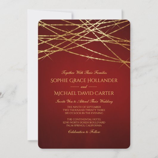 Invitation Lumières à cordes d'or sur Ruby Red (Devant)
