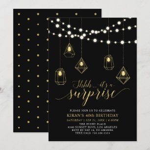 Invitation Lumières à cordes dorées et noires pour une fête d