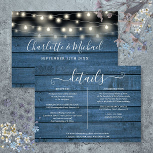 Invitation Lumières à cordes en bois rustique bleu Détails de