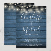 Invitation Lumières à cordes en bois rustique bleu Script Eng (Devant / Derrière)