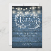 Invitation Lumières à cordes en bois rustique bleu Script Mar (Devant)