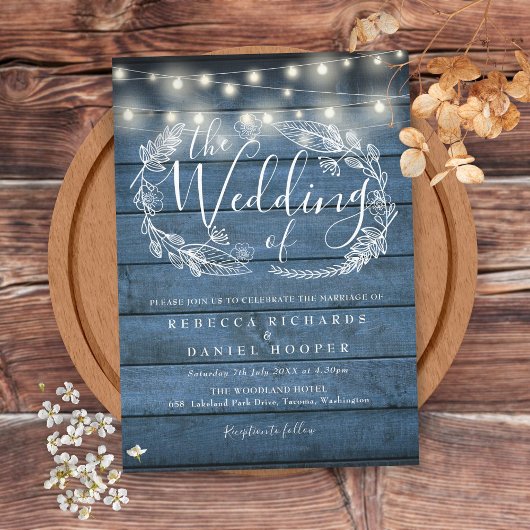 Invitation Lumières à cordes en bois rustique bleu Script Mar