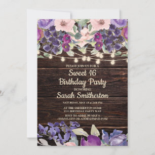 Invitation Lumières à cordes en bois rustique fleurs violette
