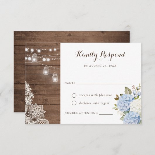 Invitation Lumières à cordes en bois rustique Hydrangea bleu  (Devant / Derrière)