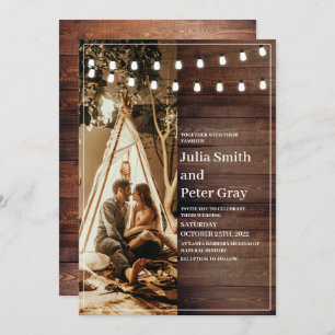 Invitation Lumières à cordes en bois rustique Mariage photo