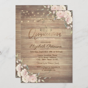 Invitation Lumières à cordes Fleurs roses Bois Quinceañera