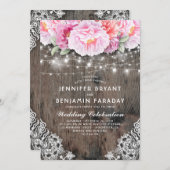 Invitation Lumières à cordes florales blanches et roses rusti (Devant / Derrière)