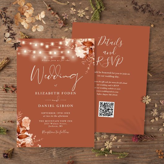Invitation Lumières à cordes florales rustiques Code QR Maria