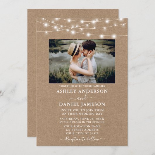 Invitation Lumières à cordes modernes Photo Kraft Mariage (Devant / Derrière)