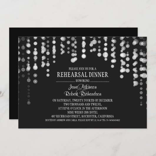 Invitation lumières à cordes noir et blanc RÉPÉTITION DÎNER (Devant / Derrière)