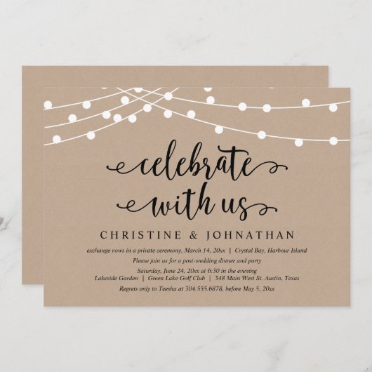 Invitation Lumières à cordes rustiques, Célébrez avec nous, E (Devant / Derrière)