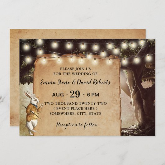 Invitation Lumières à cordes rustiques et Mariage de conte fé (Devant / Derrière)