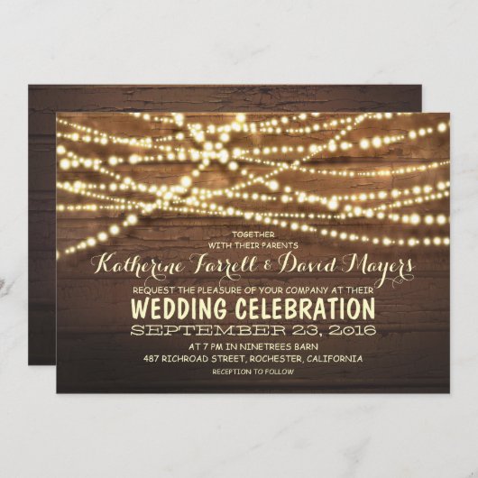 Invitation Lumières à cordes rustiques et Mariage en bois (Devant / Derrière)