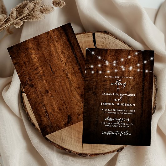 Invitation Lumières à cordes rustiques et Mariage en bois