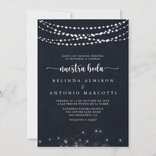 Invitation Lumières à cordes rustiques Nuestra Boda Mariage (Devant)