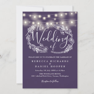 Invitation Lumières à cordes violettes Floral Script Mariage