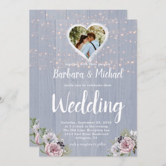 Invitation Lumières à étincelles en bois rustique Photo Maria (Devant / Derrière)