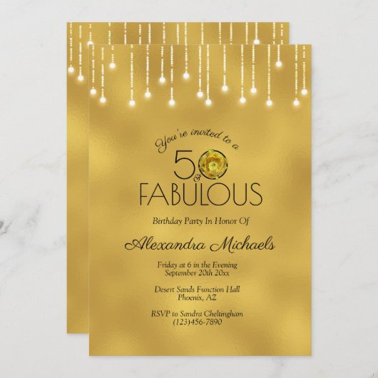Invitation Lumières blanches Faux Métallic Gold Cactus 50 Fab (Devant / Derrière)