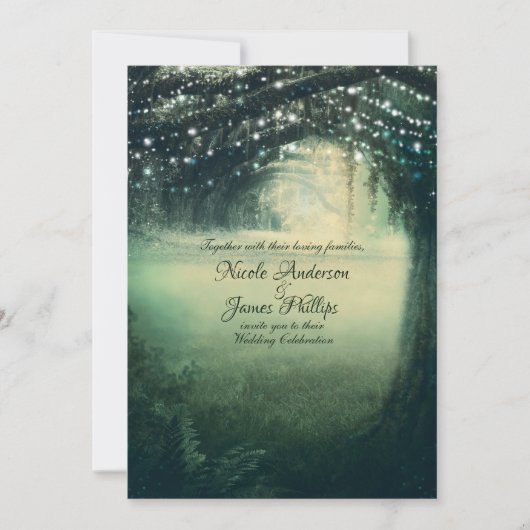 Invitation Lumières bleu vert forêt enchantée Mariage rustiqu (Devant)